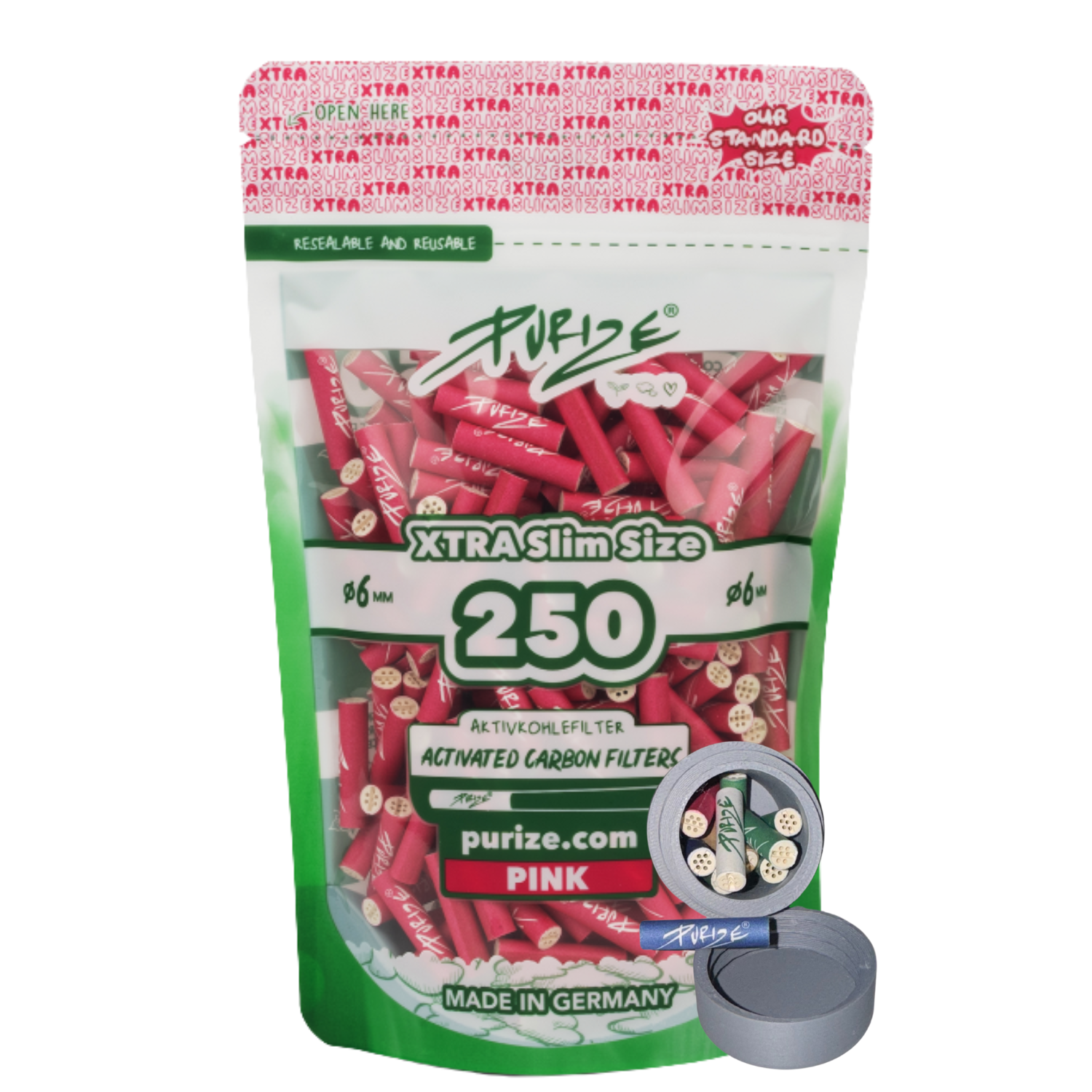 Purize Aktivkohlefilter 6mm 250Stück Xtra Slim Size Aktivkohlefilter x Traveldose
