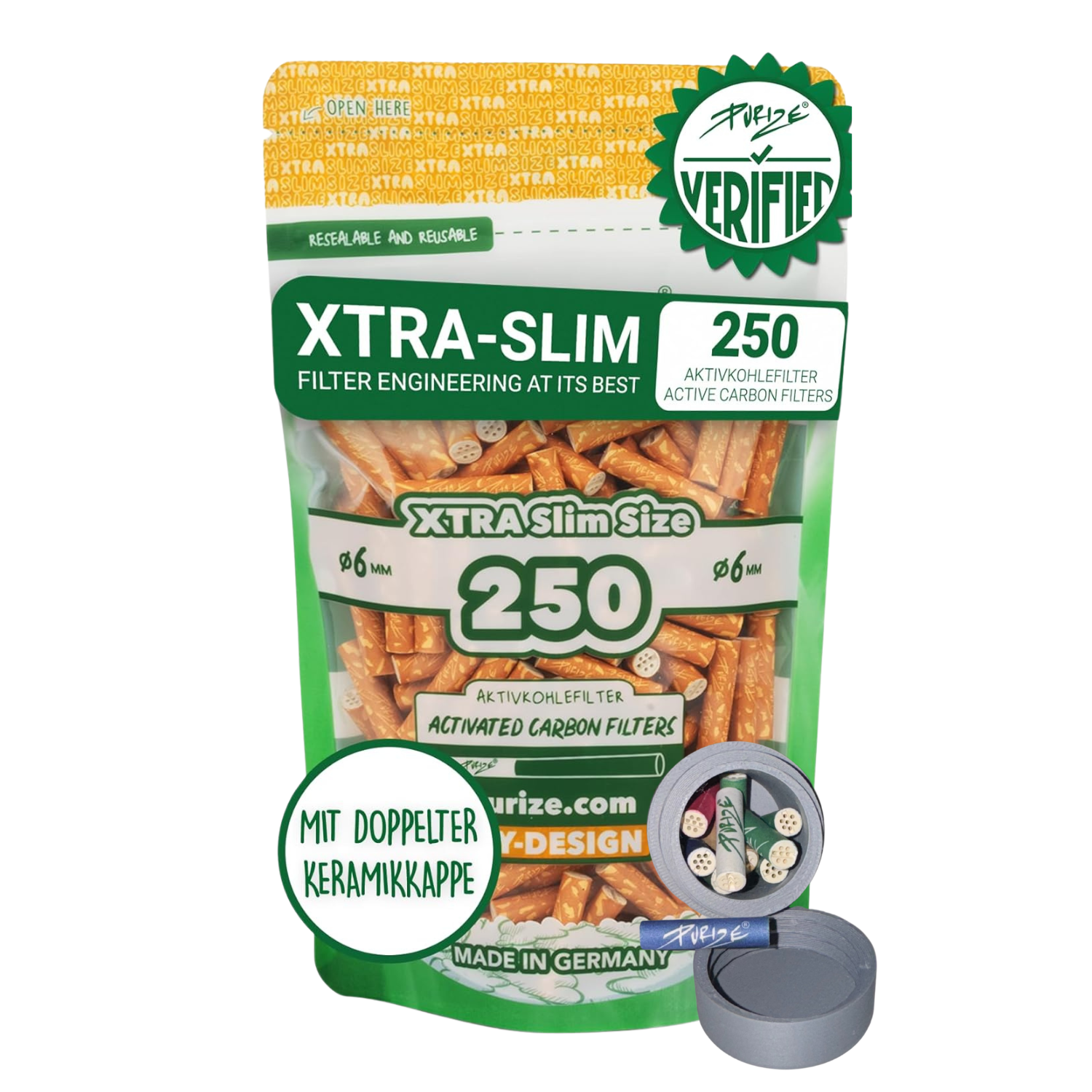 Purize Aktivkohlefilter 6mm 250Stück Xtra Slim Size Aktivkohlefilter x Traveldose