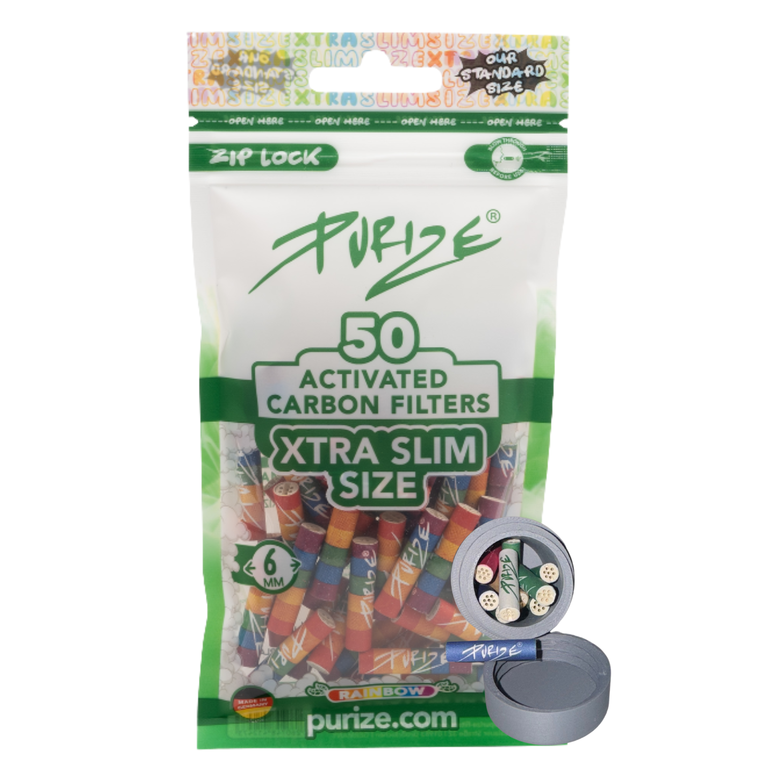 Traveldose x Purize Aktivkohlefilter 6mm 50Stück Xtra Slim Size Aktivkohlefilter