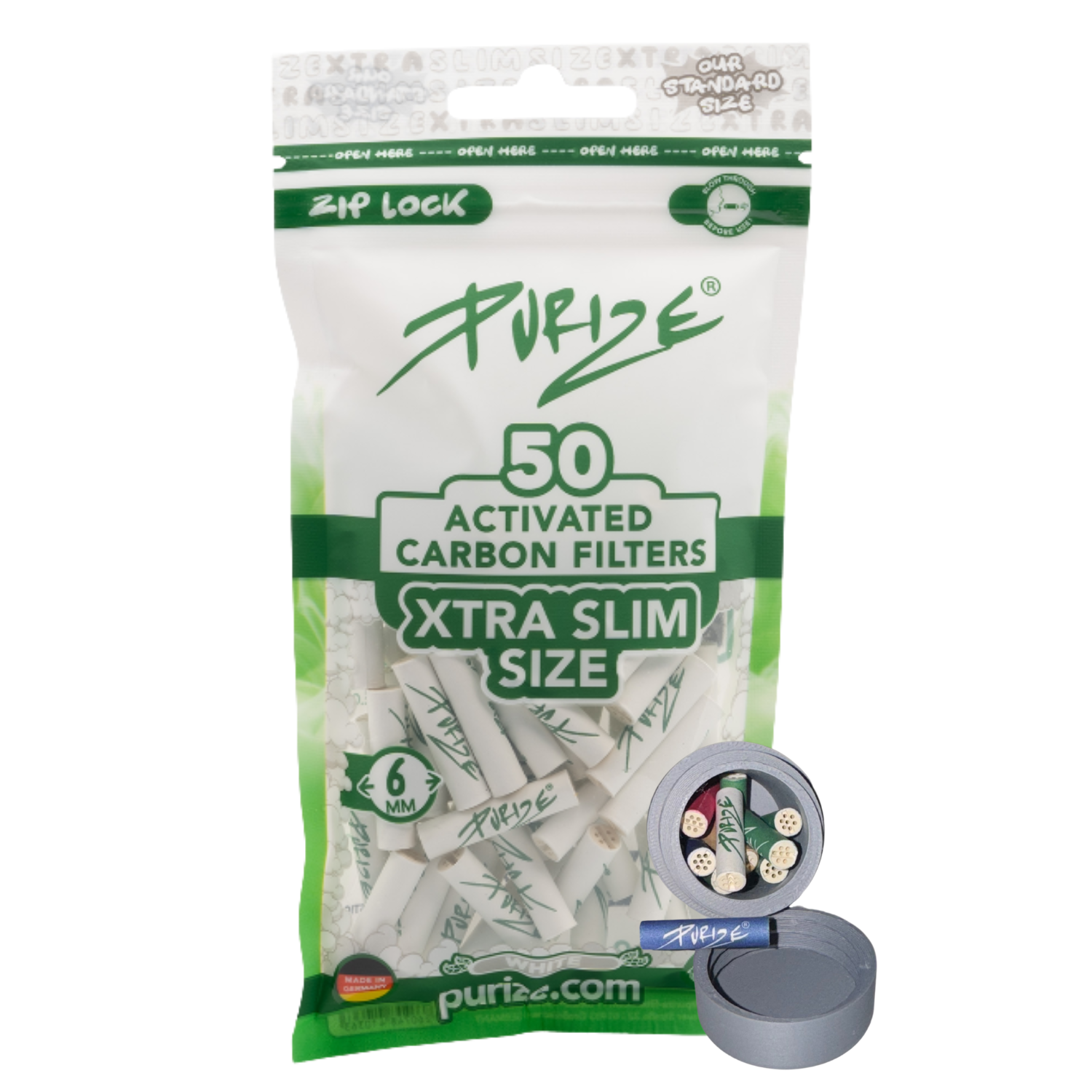 Traveldose x Purize Aktivkohlefilter 6mm 50Stück Xtra Slim Size Aktivkohlefilter