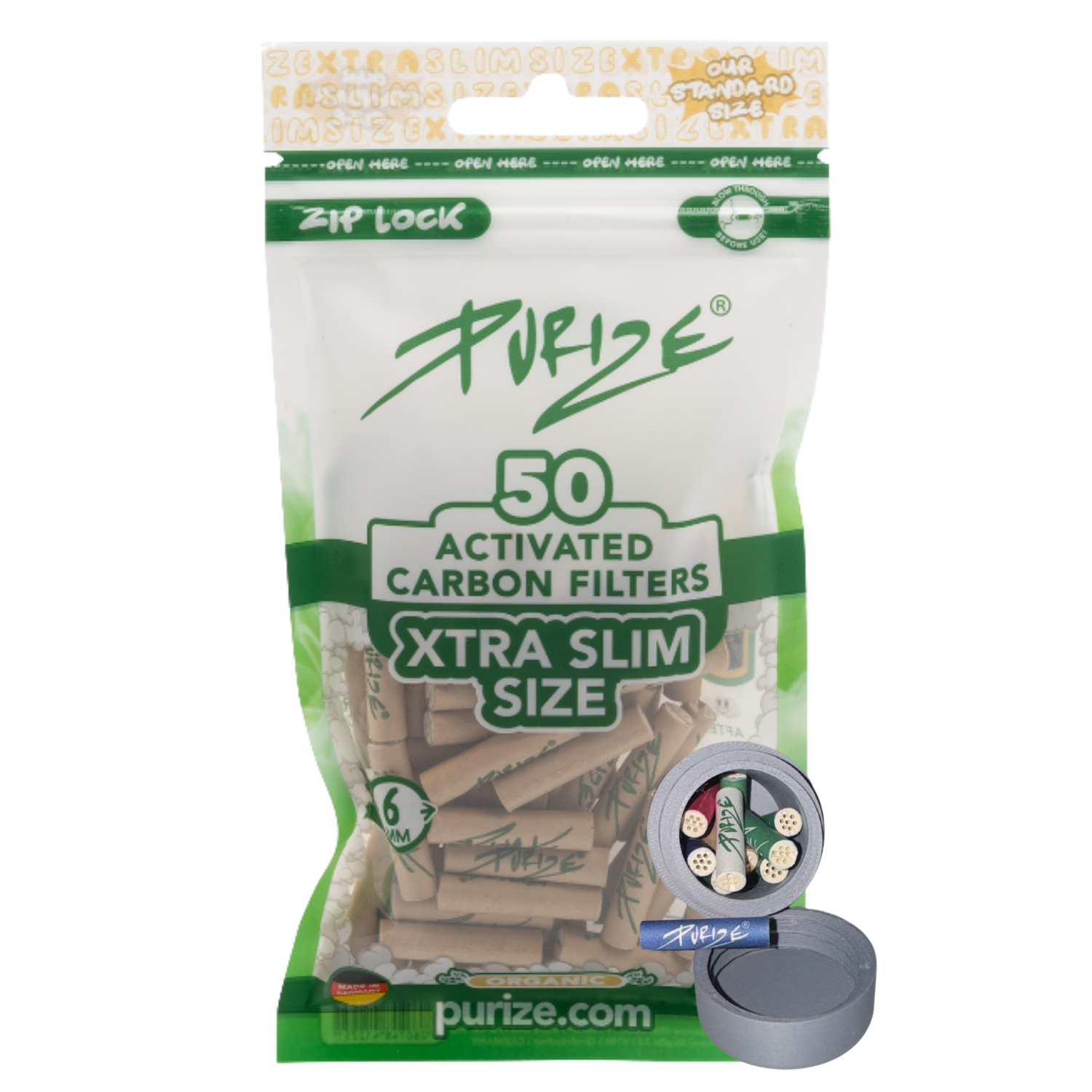 Traveldose x Purize Aktivkohlefilter 6mm 50Stück Xtra Slim Size Aktivkohlefilter