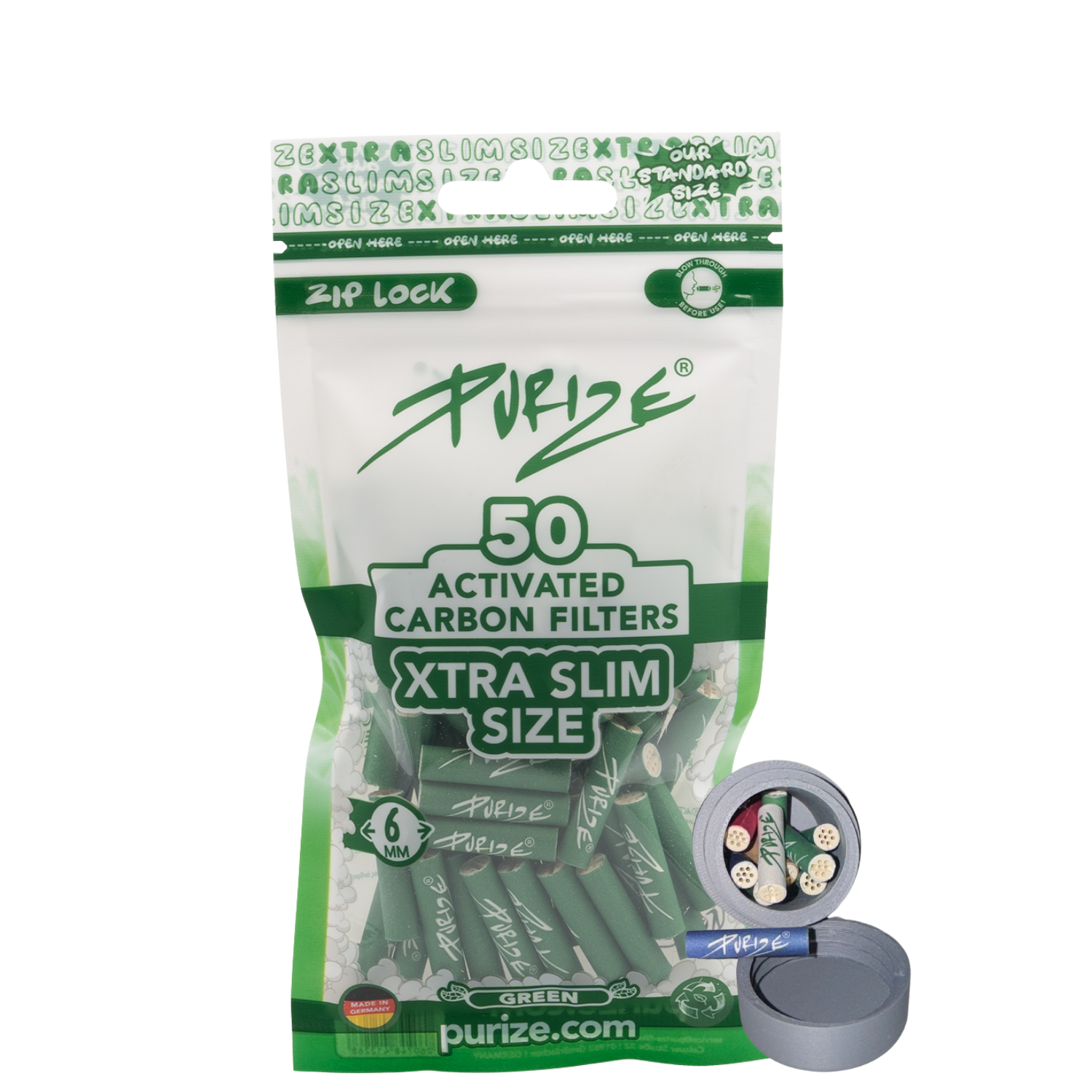 Traveldose x Purize Aktivkohlefilter 6mm 50Stück Xtra Slim Size Aktivkohlefilter