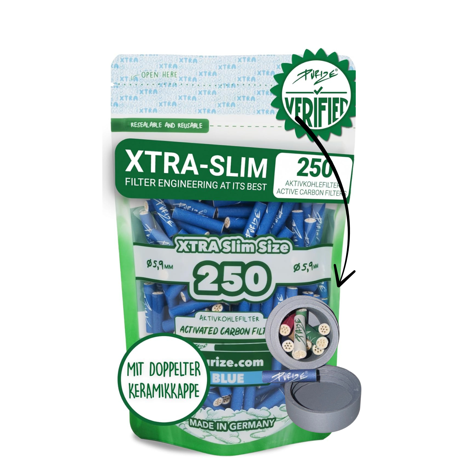 Purize Aktivkohlefilter 6mm 250Stück Xtra Slim Size Aktivkohlefilter x Traveldose