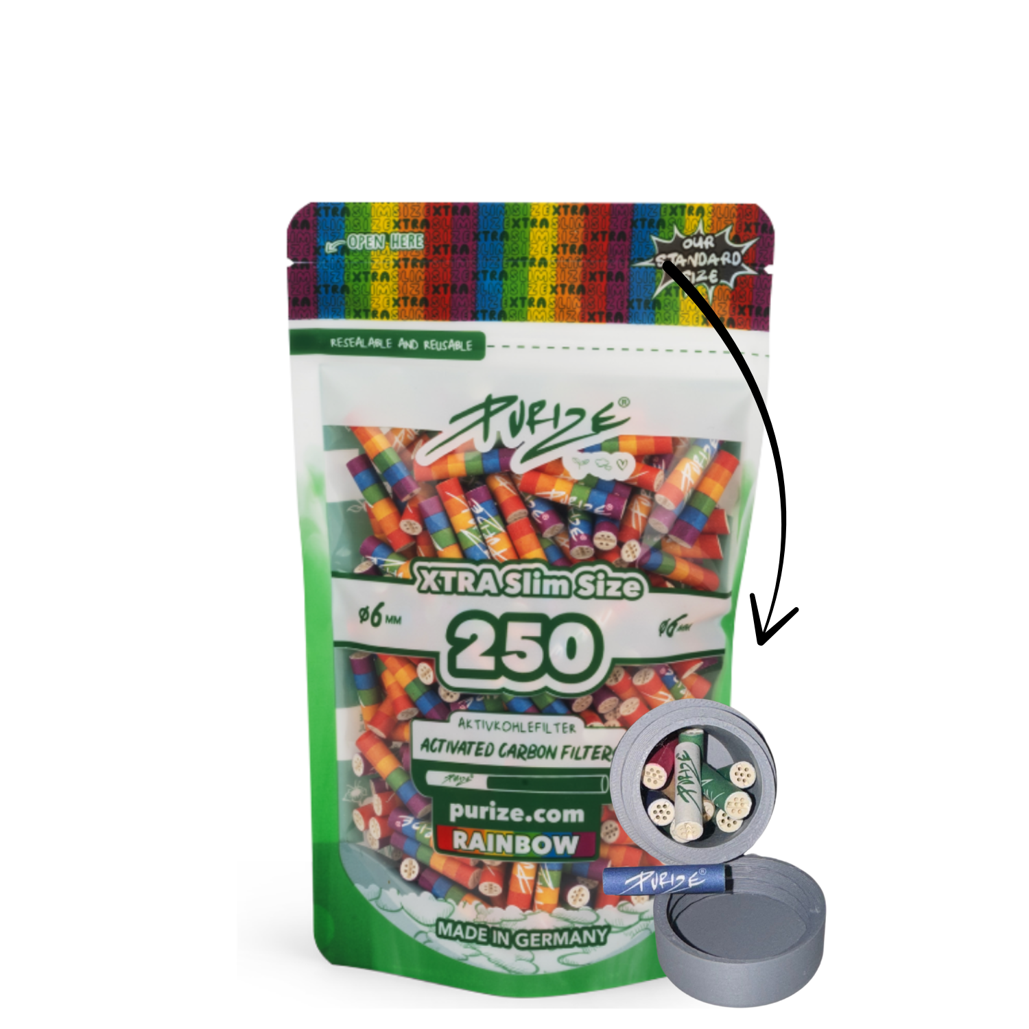 Purize Aktivkohlefilter 6mm 250Stück Xtra Slim Size Aktivkohlefilter x Traveldose