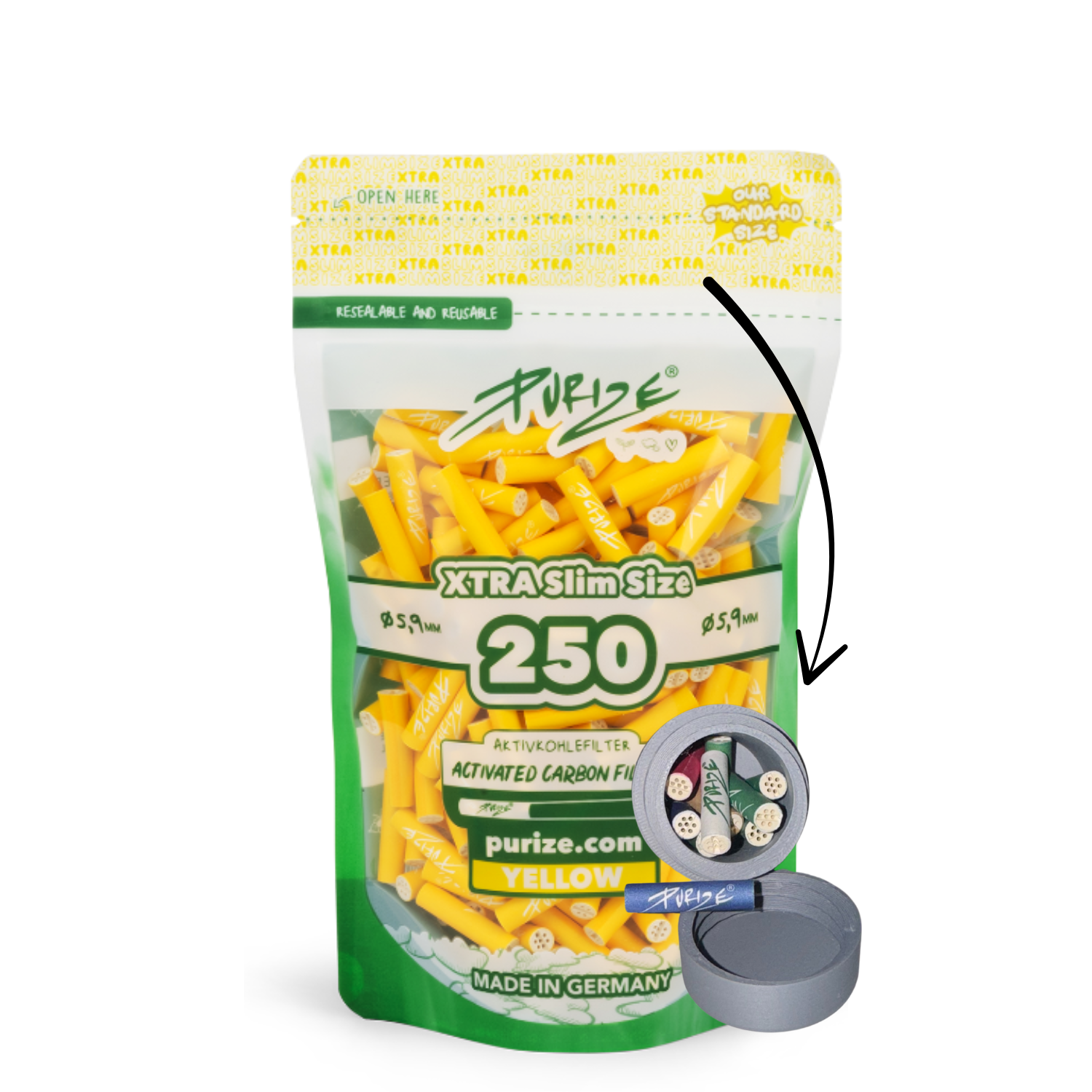 Purize Aktivkohlefilter 6mm 250Stück Xtra Slim Size Aktivkohlefilter x Traveldose
