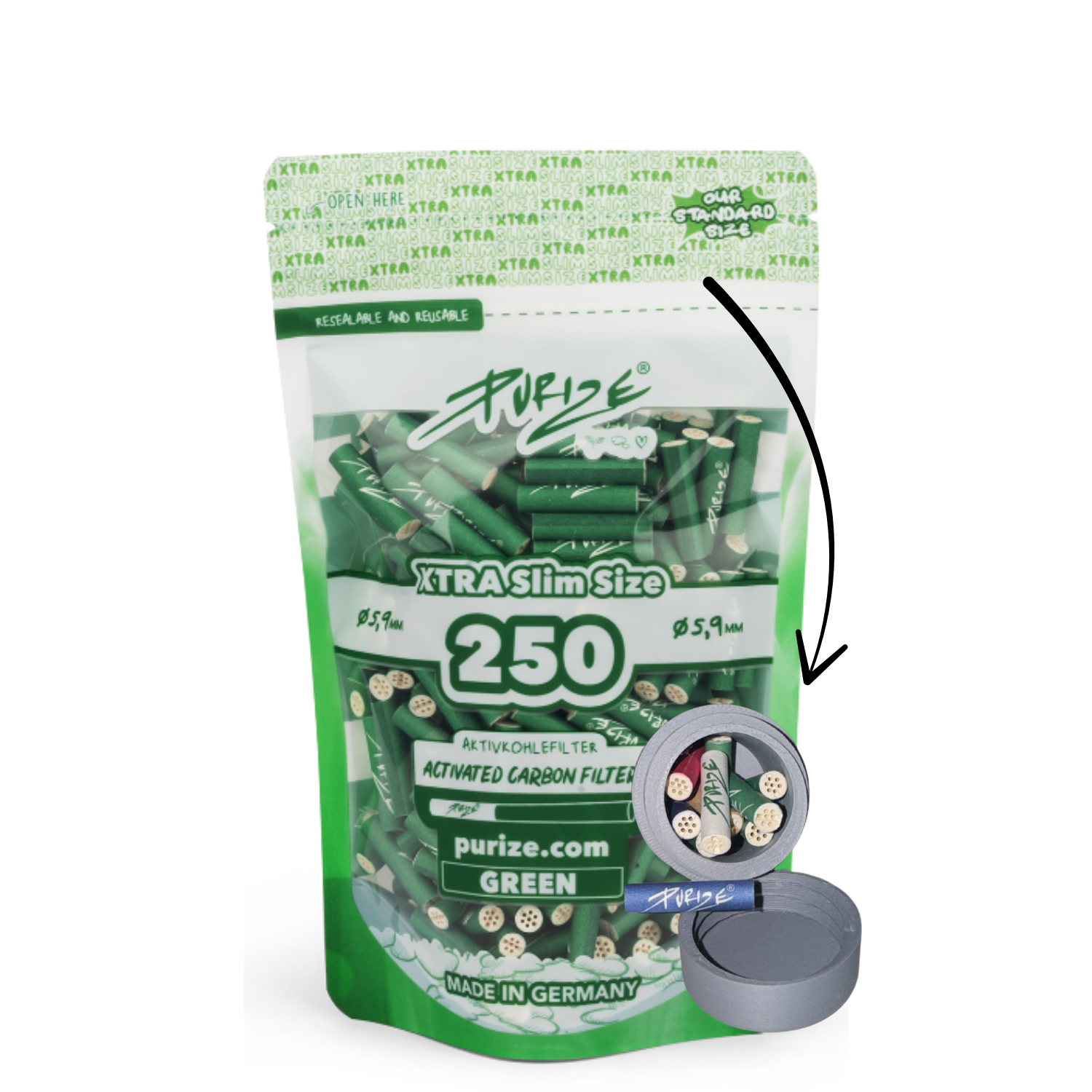 Purize Aktivkohlefilter 6mm 250Stück Xtra Slim Size Aktivkohlefilter x Traveldose