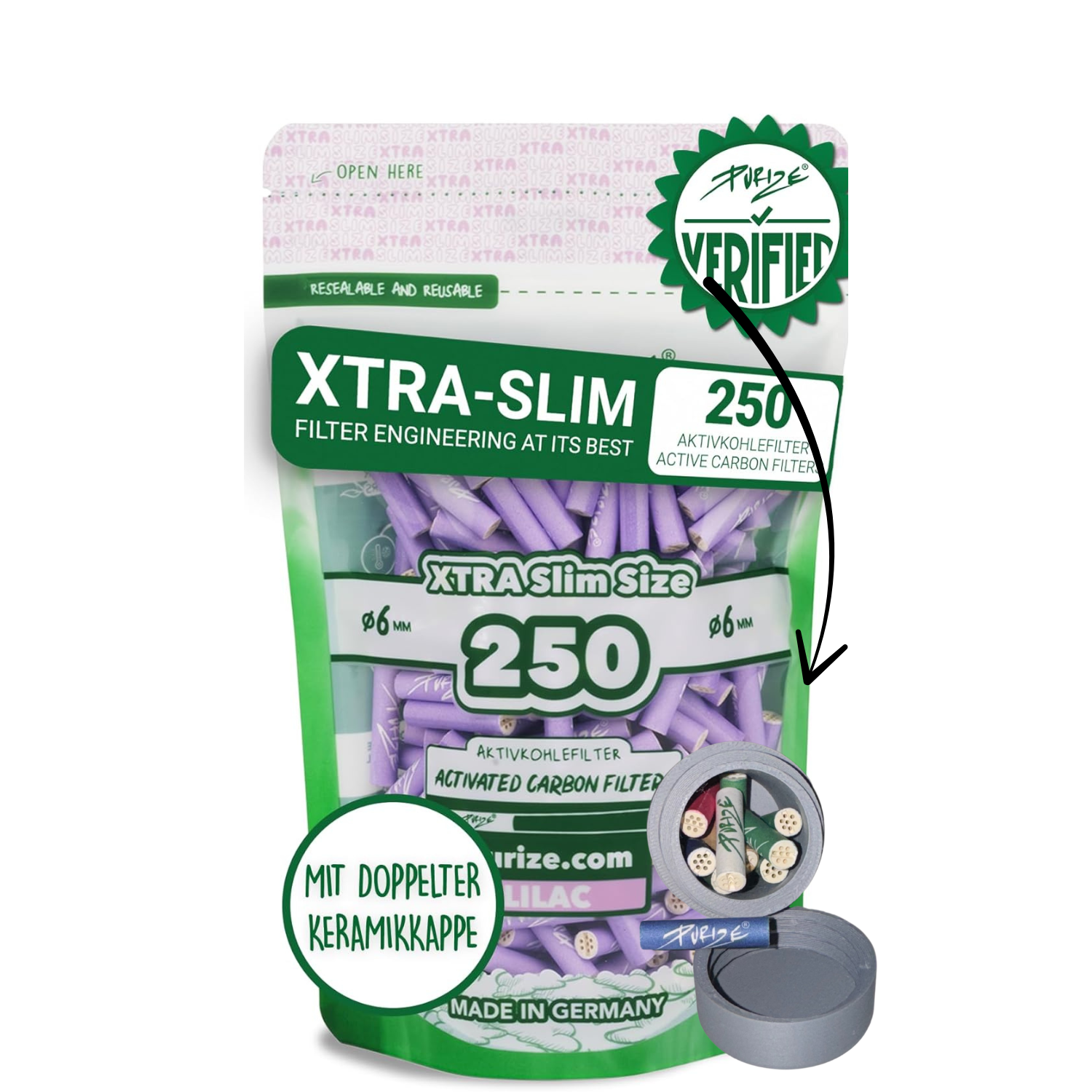 Purize Aktivkohlefilter 6mm 250Stück Xtra Slim Size Aktivkohlefilter x Traveldose