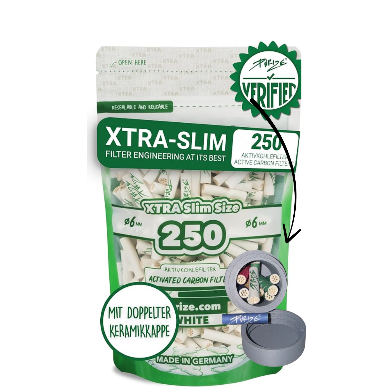 Purize Aktivkohlefilter 6mm 250Stück Xtra Slim Size Aktivkohlefilter x Traveldose