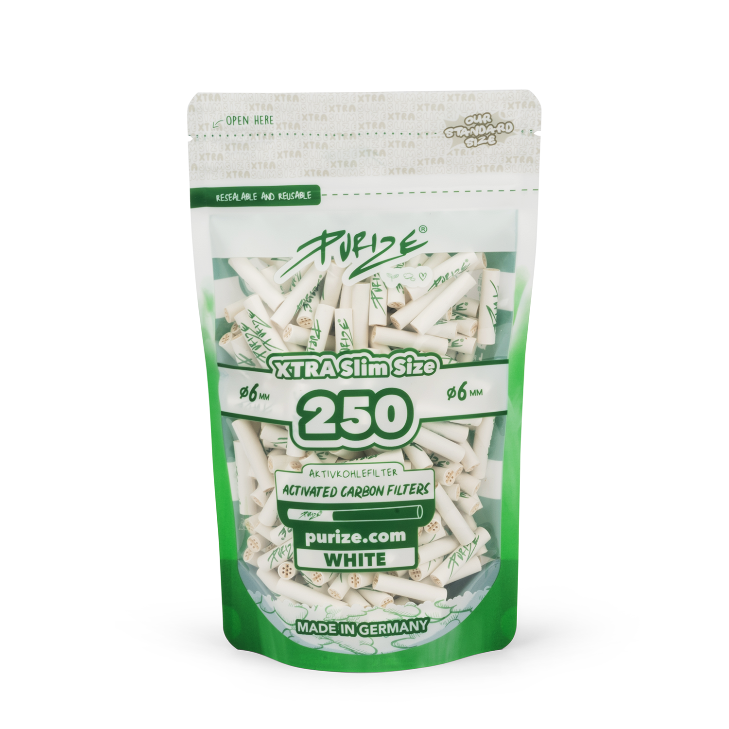 Purize Aktivkohlefilter 6mm 250Stück Xtra Slim Size Aktivkohlefilter