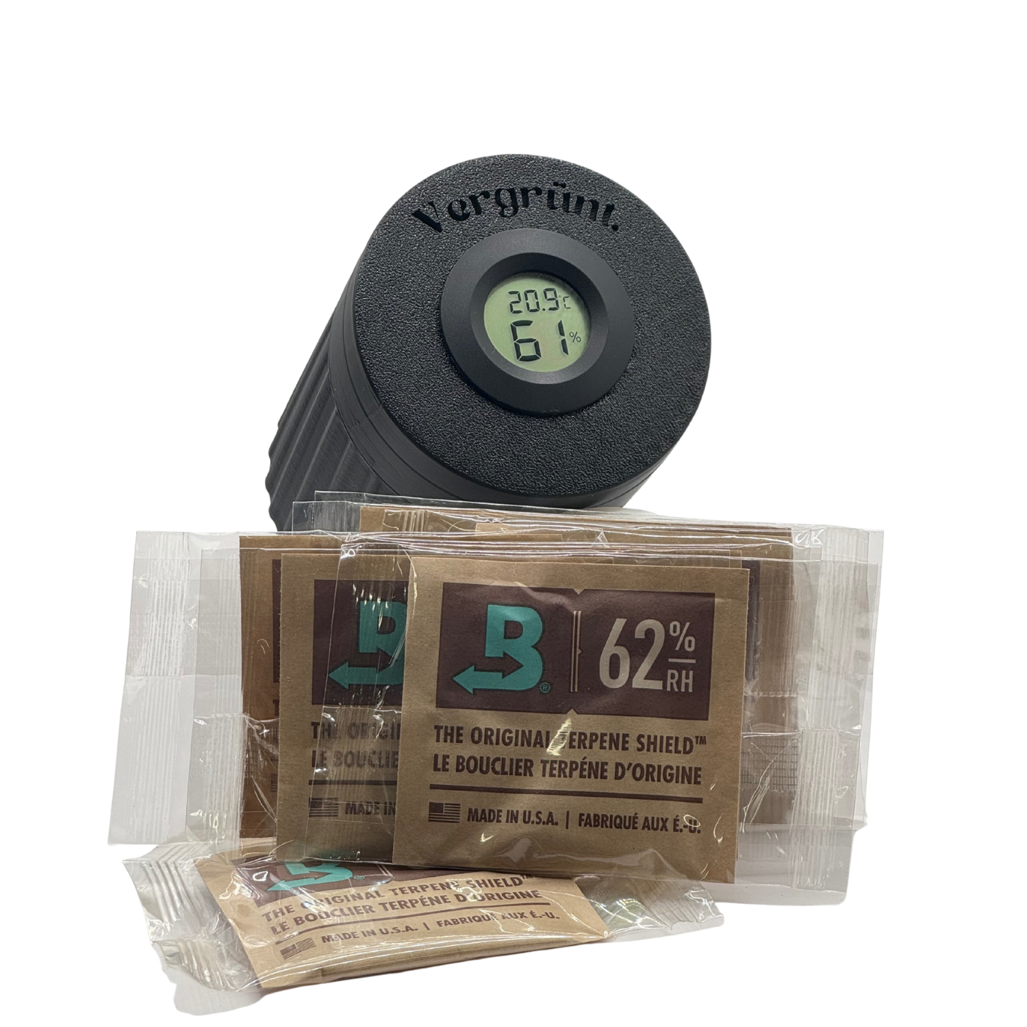 Vergrünt Fermentierdose x Boveda für Kräuter | 2-Wege-Feuchtigkeitsregulierung 62% rF | Größe 8 für bis zu 30 g | schützt vor Terpenverlust, Übertrocknung & Schimmel (Schwarz-Twisted)